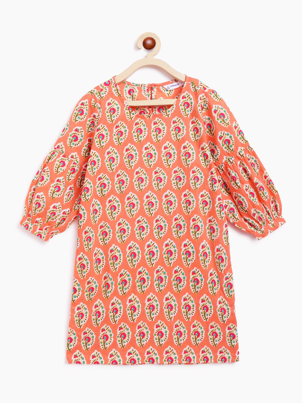 Campana Girls Manjari Statement Sleeve Kurta - Paisley Blockprint - Peach