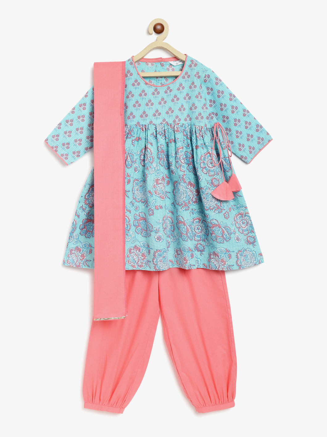 Campana Girls Ragini Kurta with Afghani Pants & Dupatta - Blue & Peach