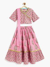 Load image into Gallery viewer, Campana Girls Heera Lehenga with Angrakha Choli &amp; Dupatta Set - Flower &amp; Buta Print - Pink
