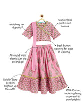 Load image into Gallery viewer, Campana Girls Heera Lehenga with Angrakha Choli &amp; Dupatta Set - Flower &amp; Buta Print - Pink
