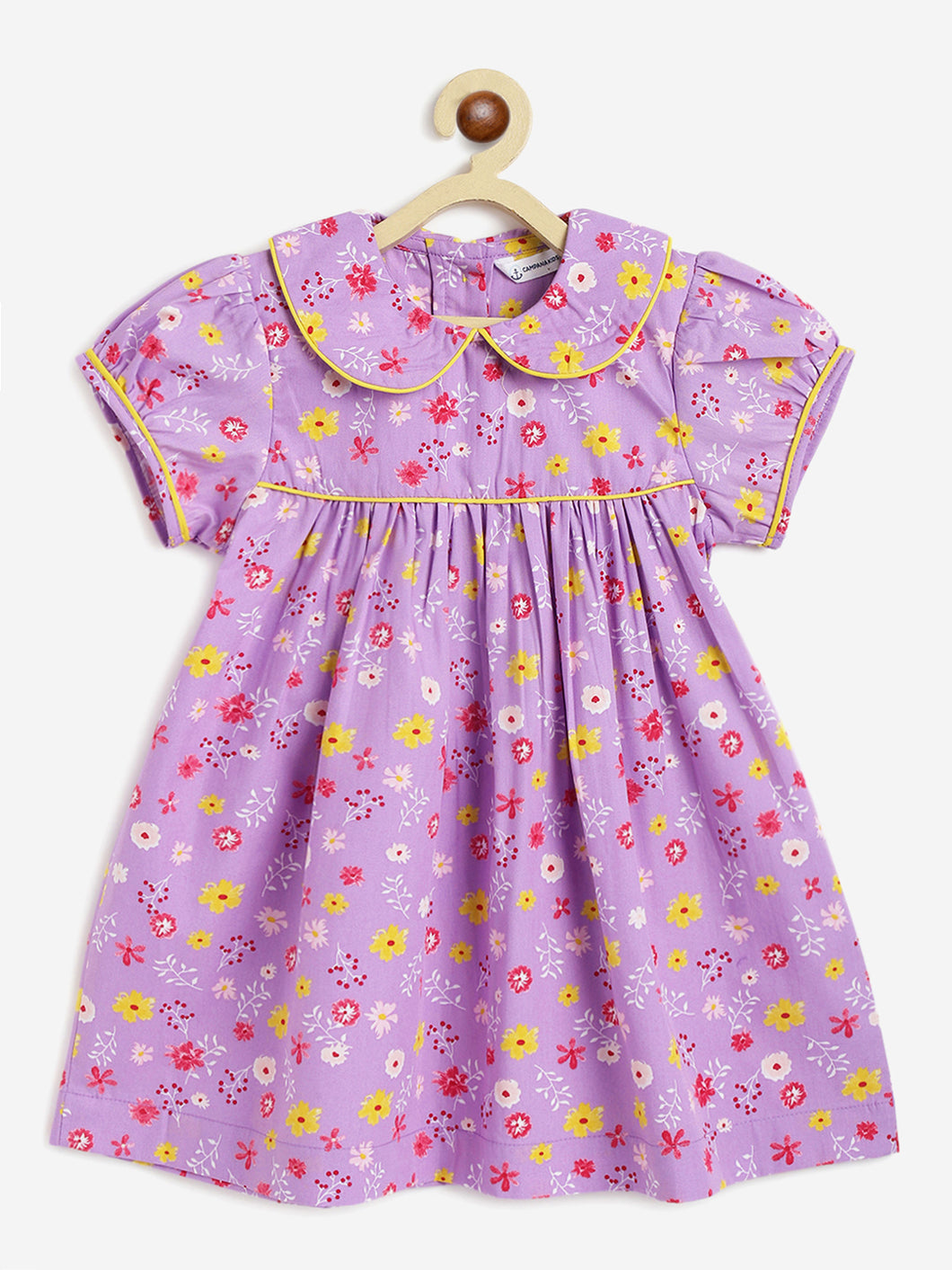 Campana Girls Callie Short Sleeves Dress With Collar- Floral Print - Purple & Yellow