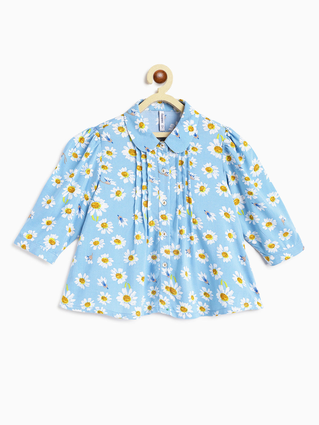 Campana Girls Aria Top with Collar - Daisies Print - Powder Blue & White