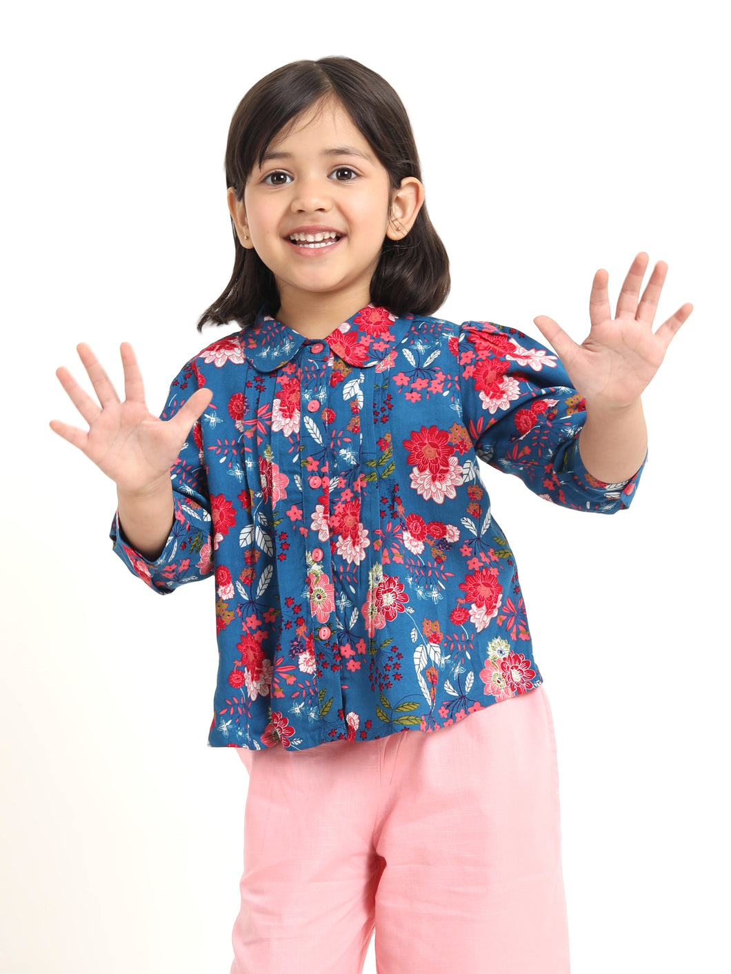 Campana Girls Aria Top with Collar - Floral Print - Blue & Magenta