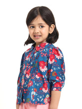 Load image into Gallery viewer, Campana Girls Aria Top with Collar - Floral Print - Blue &amp; Magenta
