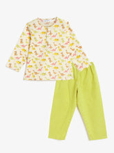 Load image into Gallery viewer, Campana Kids Appu Cotton Nightsuit - Dino Print - Off White &amp; Lime Green
