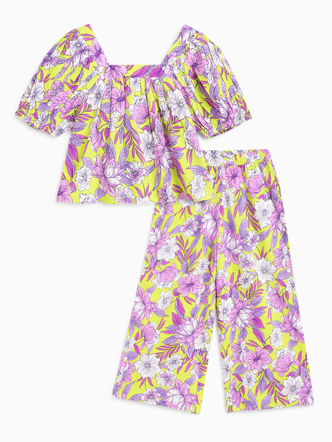 Campana Girls Mia Crop Top with Trousers Clothing Set - Tropical Floral Print - Yellow & Pink