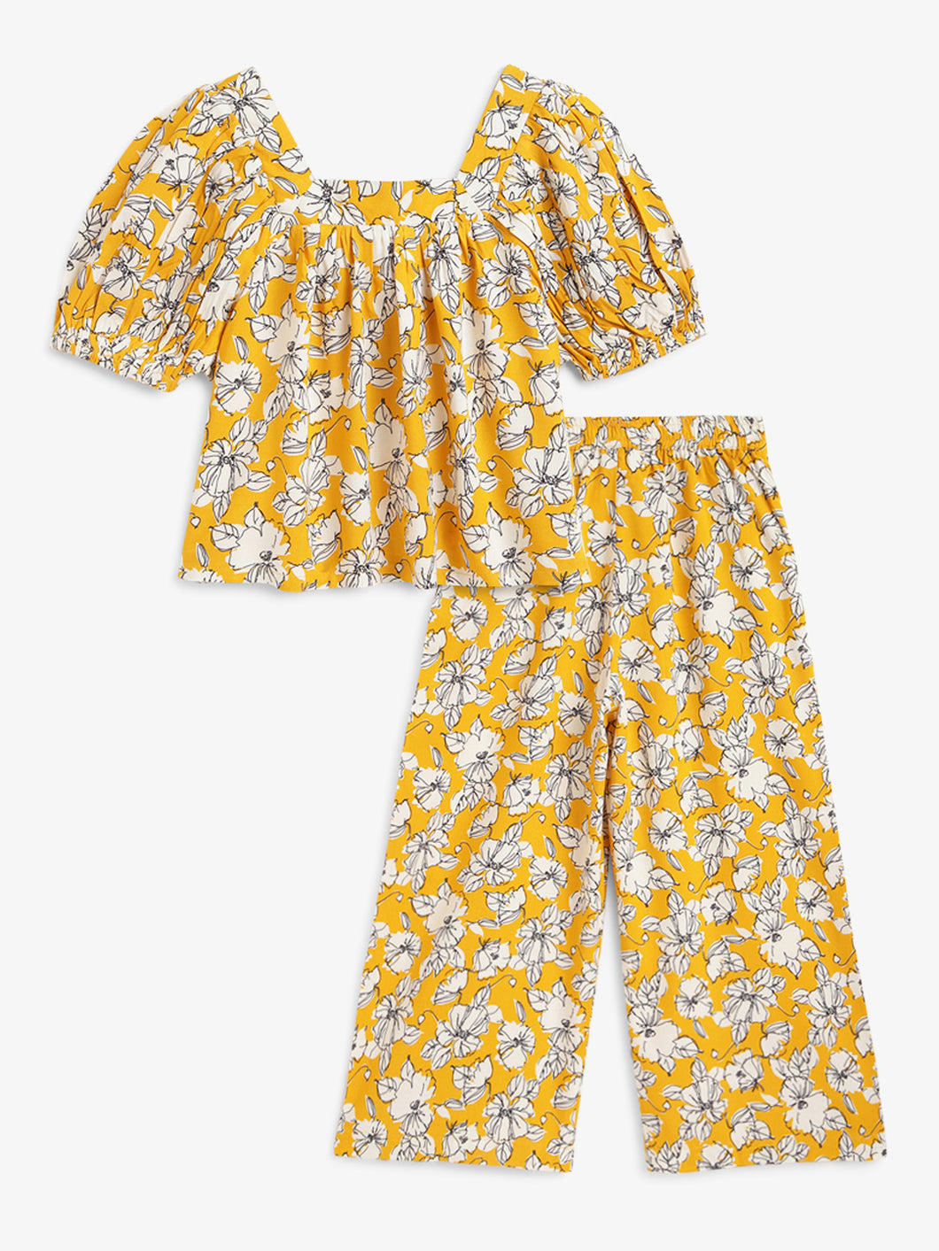 Campana Girls Mia Crop Top with Trousers Clothing Set - Flower Sketch Print - Yellow