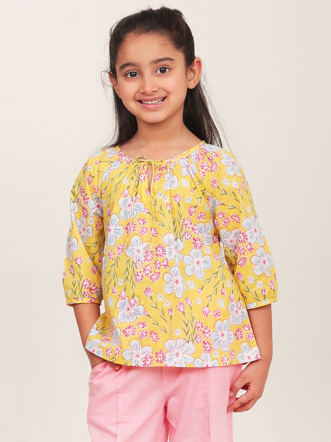 Campana Girls Nora Printed Cotton Top - Pastel Florals - Yellow