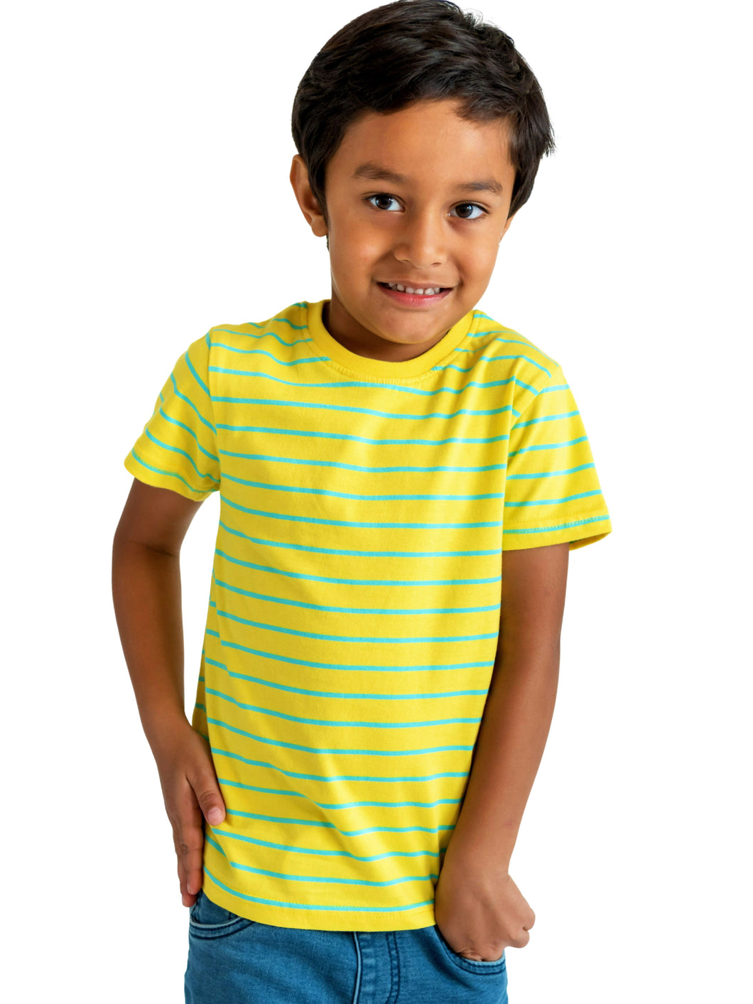 Campana Boys Kobe Striped Round Neck T-Shirt - Canary Yellow & Turquoise