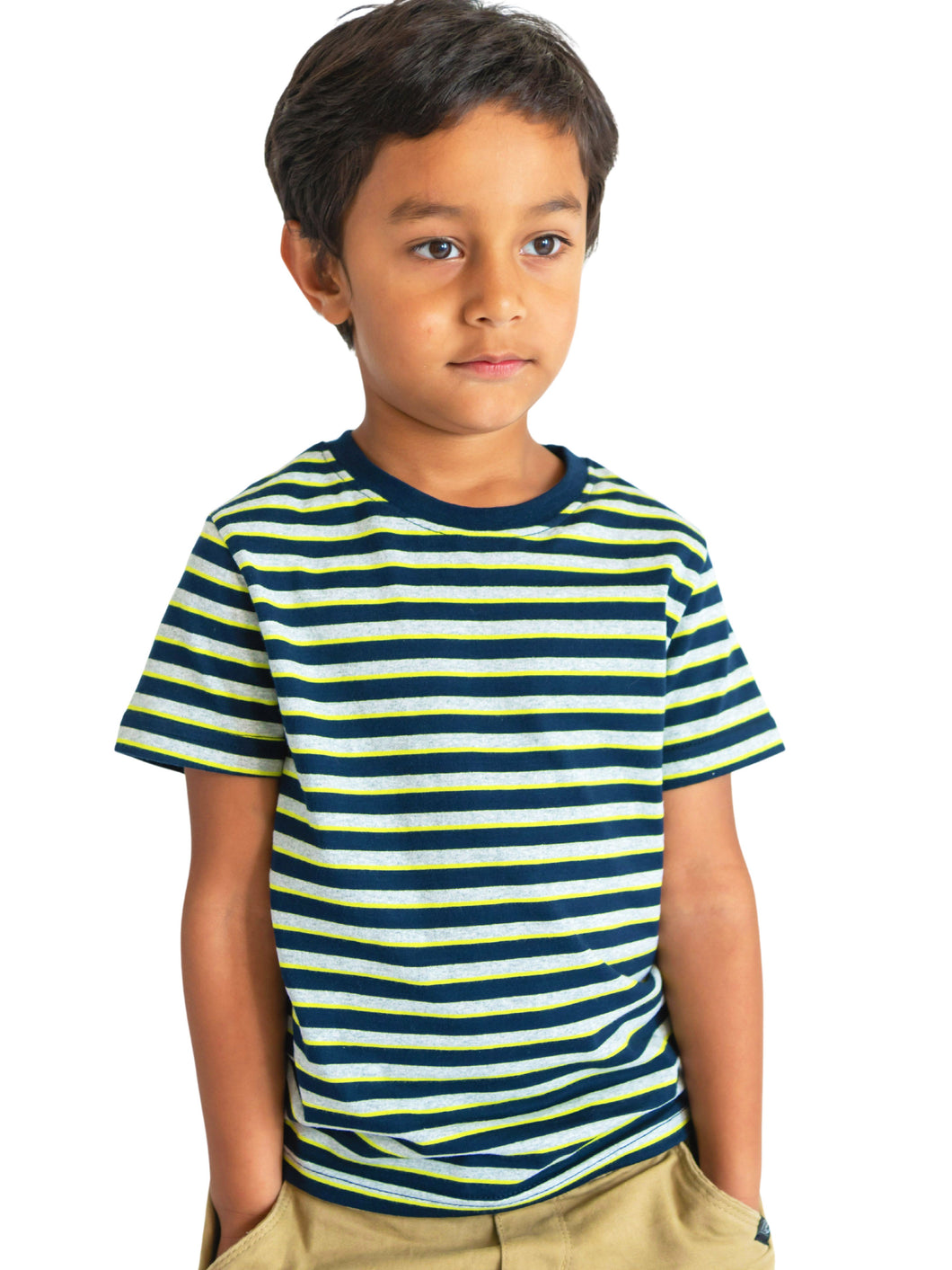 Campana Boys Kobe Striped Round Neck T-Shirt - Navy, Lime Green, Grey Melange