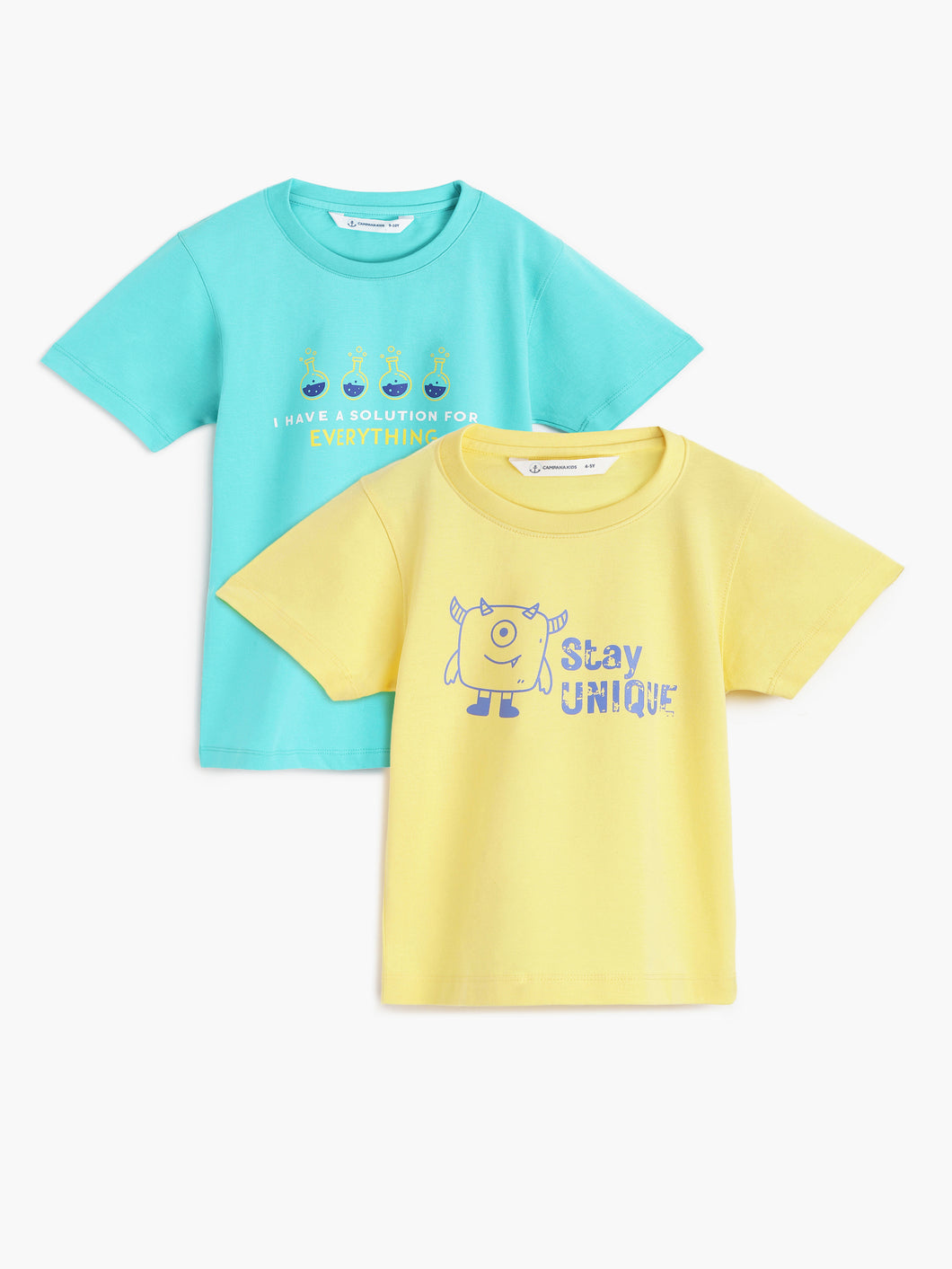 Campana Boys Daniel Pack of 2 Half Sleeves T-shirts - Conversational Print - Lemon Yellow & Turquoise Blue