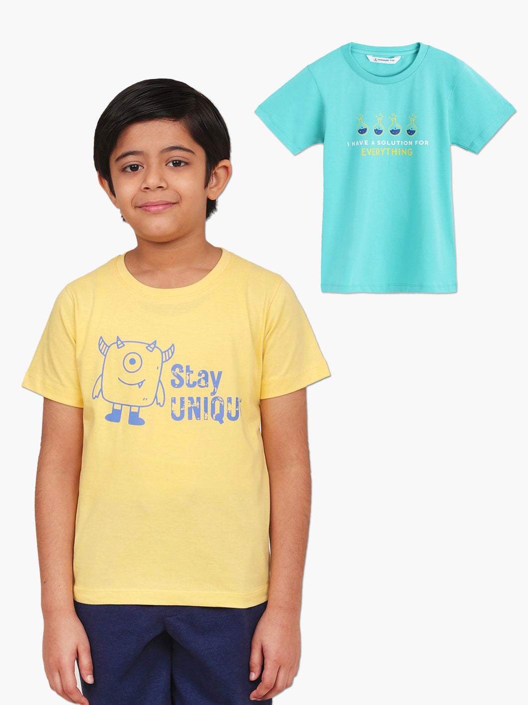 Campana Boys Daniel Pack of 2 Half Sleeves Printed Cotton T-shirts - Lemon Yellow & Turquoise Blue