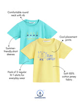 Load image into Gallery viewer, Campana Boys Daniel Pack of 2 Half Sleeves T-shirts - Conversational Print - Lemon Yellow &amp; Turquoise Blue
