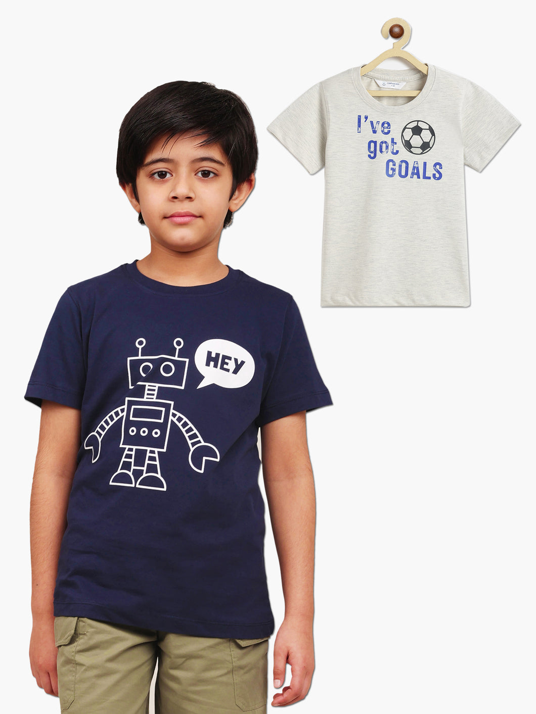 Campana Boys Daniel Pack of 2 Half Sleeves Printed Cotton T-shirts - Navy Blue & Light Grey