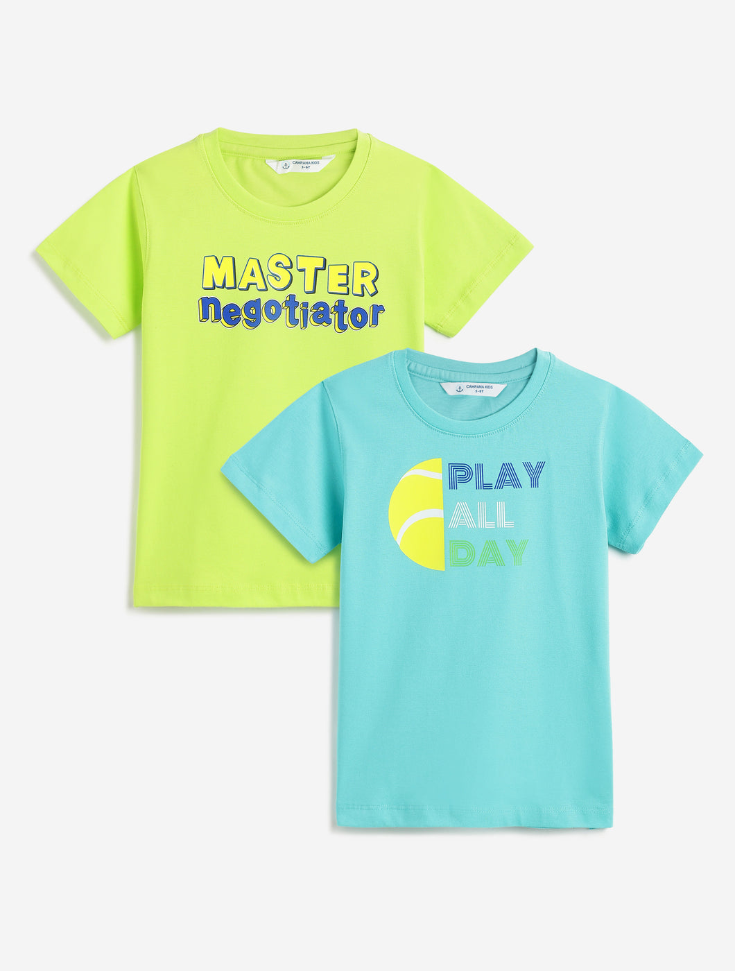 Campana Boys Daniel Pack of 2 Half Sleeves Printed Cotton T-shirts - Turquoise Blue & Lime Green