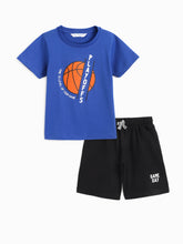Load image into Gallery viewer, Campana Boys Daniel Half Sleeves T-Shirt with Shorts Clothing Set - Basketball Print - Purplish Blue &amp; Black
