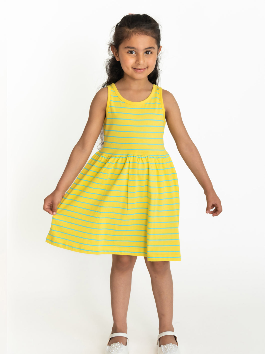 Campana Girls Grace Fit & Flare Dress - Breton Stripes - Canary Yellow & Turquoise