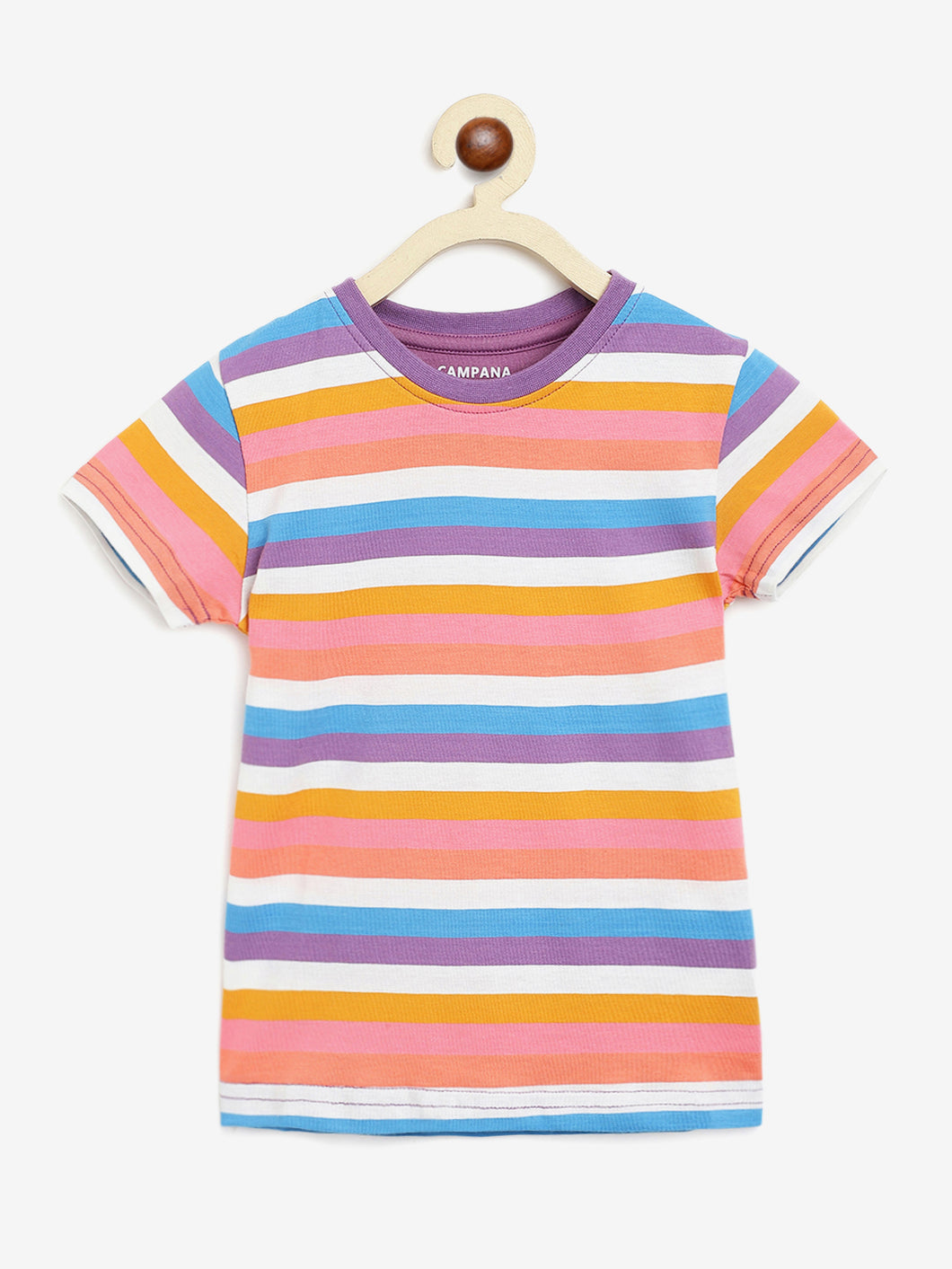 Campana Girls Alexis Striped Round Neck T-Shirt - Purple & Multicolour