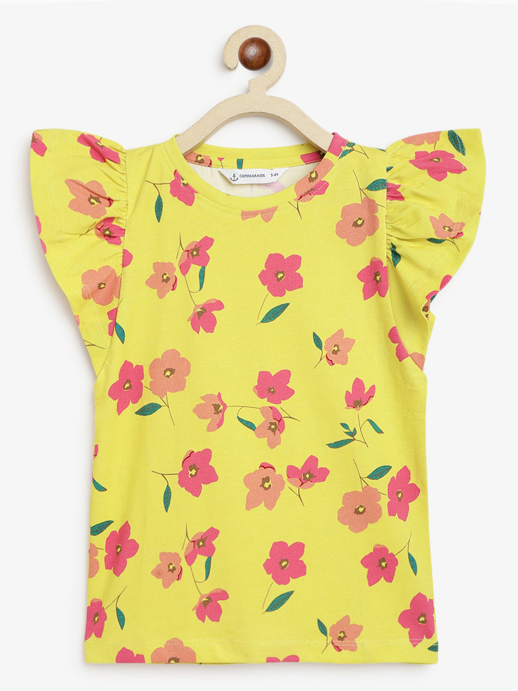 Campana Girls Serena Frilly T-Shirt - Drifting Flowers Print - Yellow