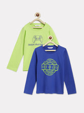 Load image into Gallery viewer, Campana Boys Daniel Pack of Two Full Sleeves Round Neck T-Shirts - Typography Print - Lime Green &amp; Blue
