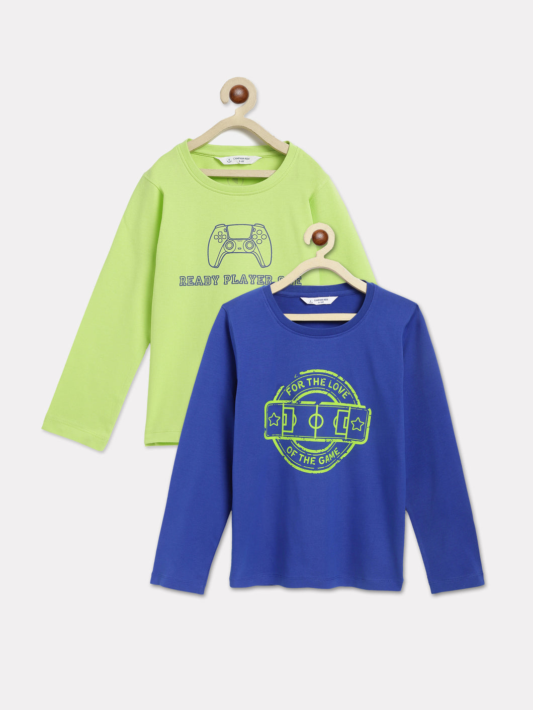 Campana Boys Daniel Pack of Two Full Sleeves Round Neck T-Shirts - Typography Print - Lime Green & Blue