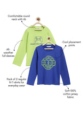 Load image into Gallery viewer, Campana Boys Daniel Pack of Two Full Sleeves Round Neck T-Shirts - Typography Print - Lime Green &amp; Blue
