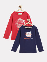 Load image into Gallery viewer, Campana Girls Skye Pack of 2 Full Sleeves T-shirts - Conversational Print - Navy Blue &amp; Red
