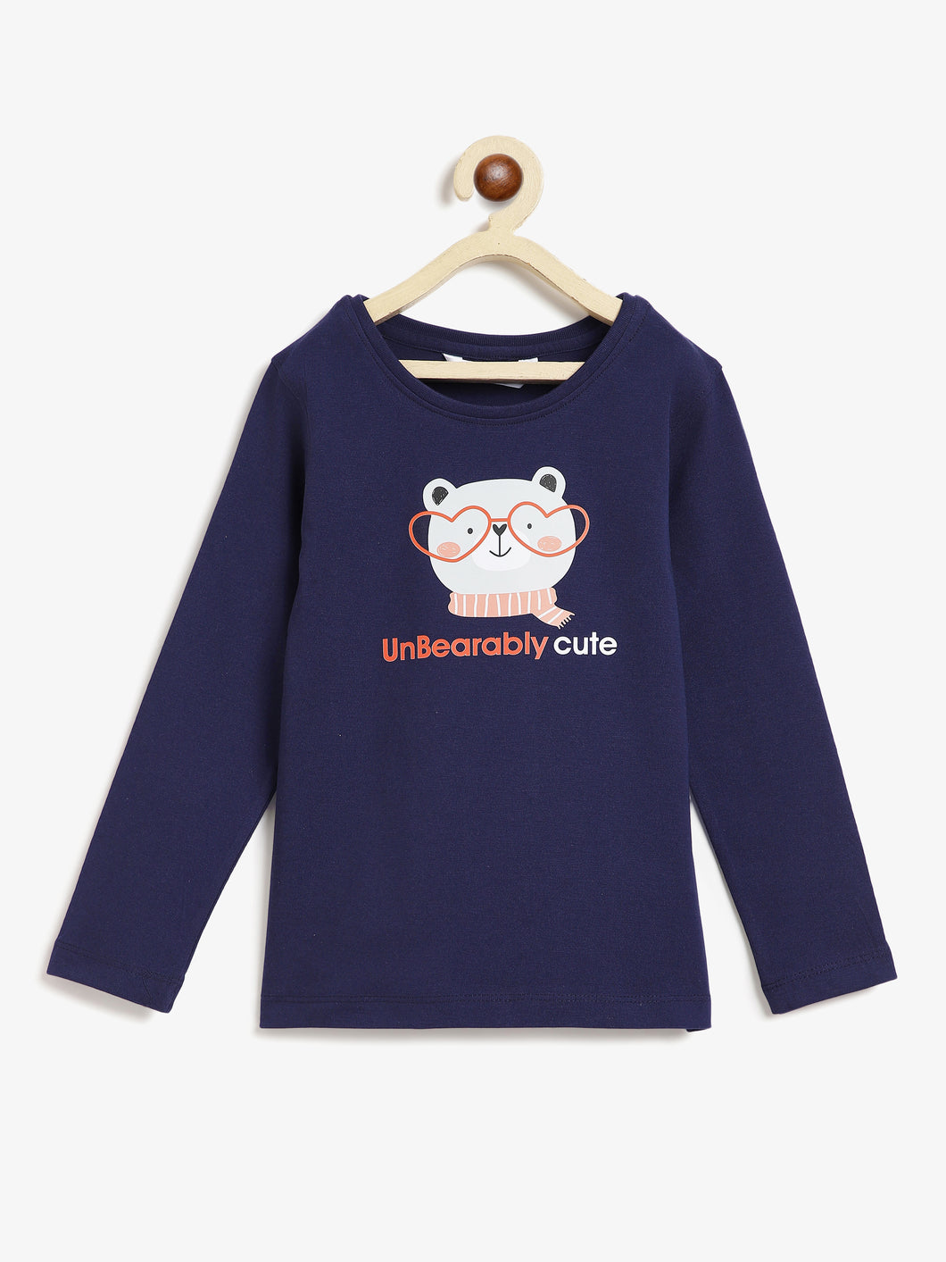 Campana Girls Skye Full Sleeves T-Shirt - Cute Bear Print - Navy