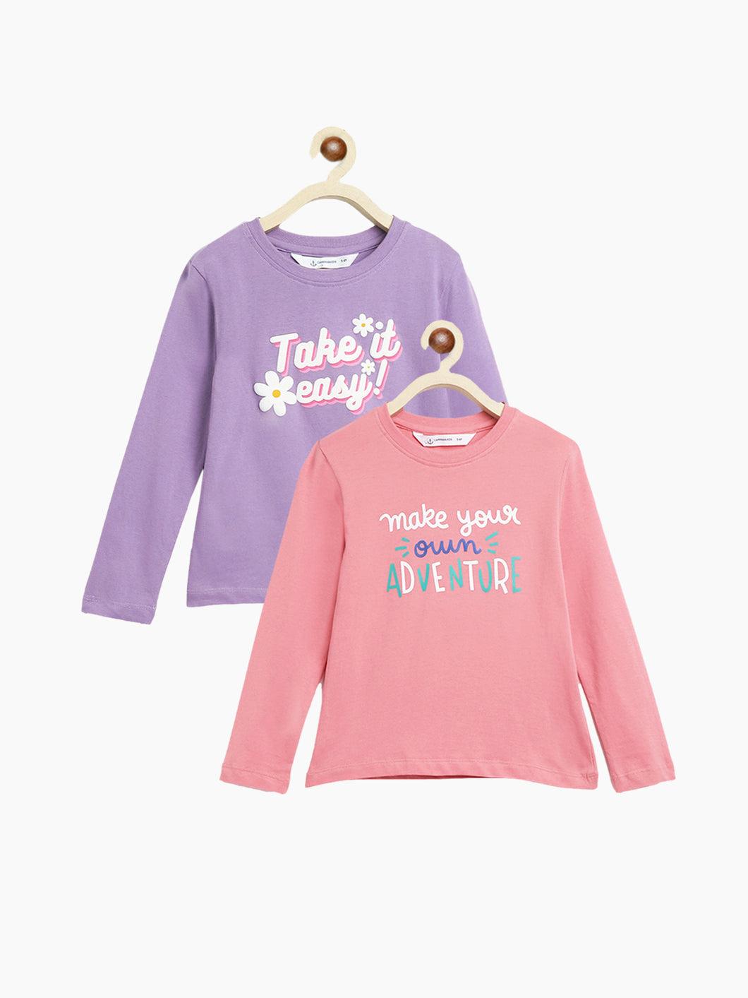 Campana Girls Lily Pack-of-Two Long Sleeves Printed T-Shirt - Peach & Lavender