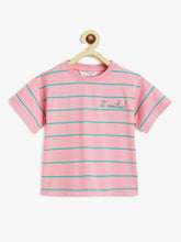 Load image into Gallery viewer, Campana Girls Alexis Half Sleeves Striped Drop Shoulder T-shirt with Embroidery - Pink &amp; Green
