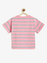 Load image into Gallery viewer, Campana Girls Alexis Half Sleeves Striped Drop Shoulder T-shirt with Embroidery - Pink &amp; Green

