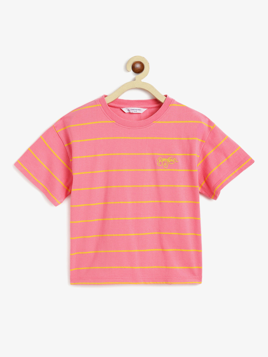 Campana Girls Alexis Half Sleeves Striped Drop Shoulder T-shirt with Embroidery - Pink & Yellow