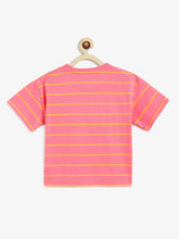 Load image into Gallery viewer, Campana Girls Alexis Half Sleeves Striped Drop Shoulder T-shirt with Embroidery - Pink &amp; Yellow
