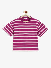 Load image into Gallery viewer, Campana Girls Alexis Half Sleeves Striped Drop Shoulder T-shirt - Pink &amp; Purple
