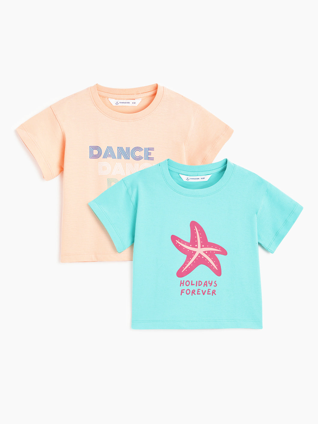 Campana Girls Zuri Pack of 2 Drop Shoulder Half Sleeves T-shirts - Conversational Print - Turquoise & Peach