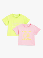 Load image into Gallery viewer, Campana Girls Zuri Pack of 2 Drop Shoulder Half Sleeves T-shirts - Conversational Print - Lime Green &amp; Pink
