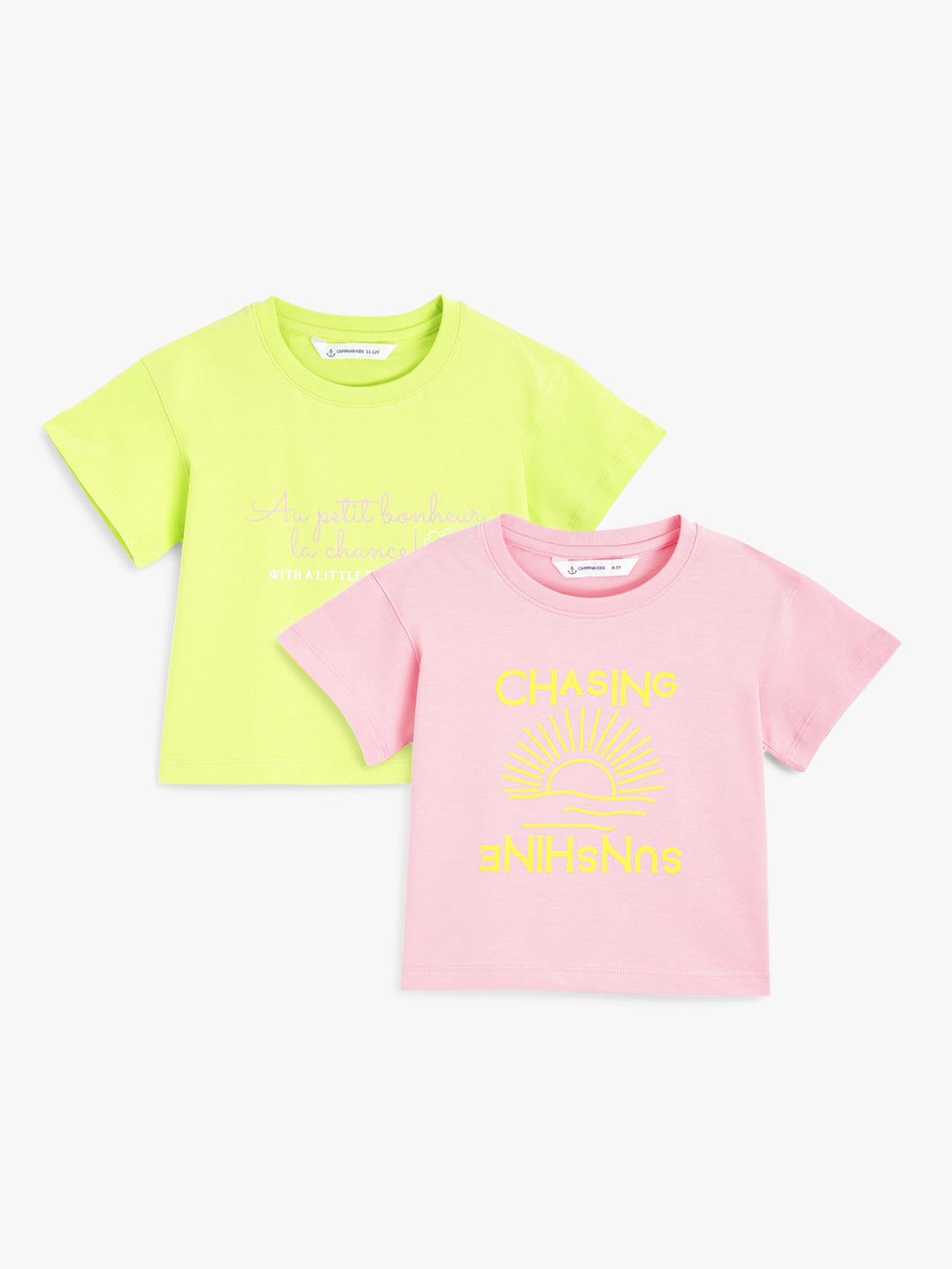 Campana Girls Zuri Pack of 2 Drop Shoulder Half Sleeves T-shirts - Conversational Print - Lime Green & Pink