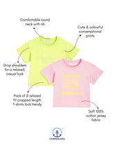 Load image into Gallery viewer, Campana Girls Zuri Pack of 2 Drop Shoulder Half Sleeves T-shirts - Conversational Print - Lime Green &amp; Pink
