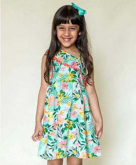 Campana Girls Tropical Print One Shoulder Dress - Green & Orange