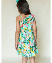 Load image into Gallery viewer, Campana Girls Tropical Print One Shoulder Dress - Green &amp; Orange
