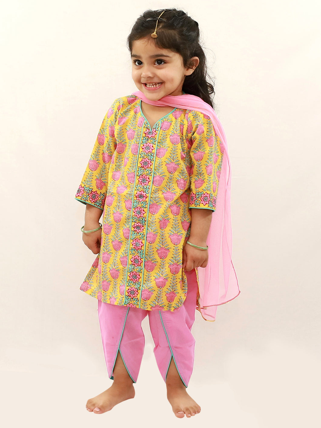 Campana Girls Kaveri Kurta with Dhoti & Dupatta Set - Kamal Print - Yellow & Pink