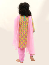 Load image into Gallery viewer, Campana Girls Kaveri Kurta with Dhoti &amp; Dupatta Set - Kamal Print - Yellow &amp; Pink
