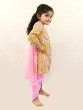 Load image into Gallery viewer, Campana Girls Kaveri Kurta with Dhoti &amp; Dupatta Set - Kamal Print - Yellow &amp; Pink
