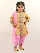 Load image into Gallery viewer, Campana Girls Kaveri Kurta with Dhoti &amp; Dupatta Set - Kamal Print - Yellow &amp; Pink
