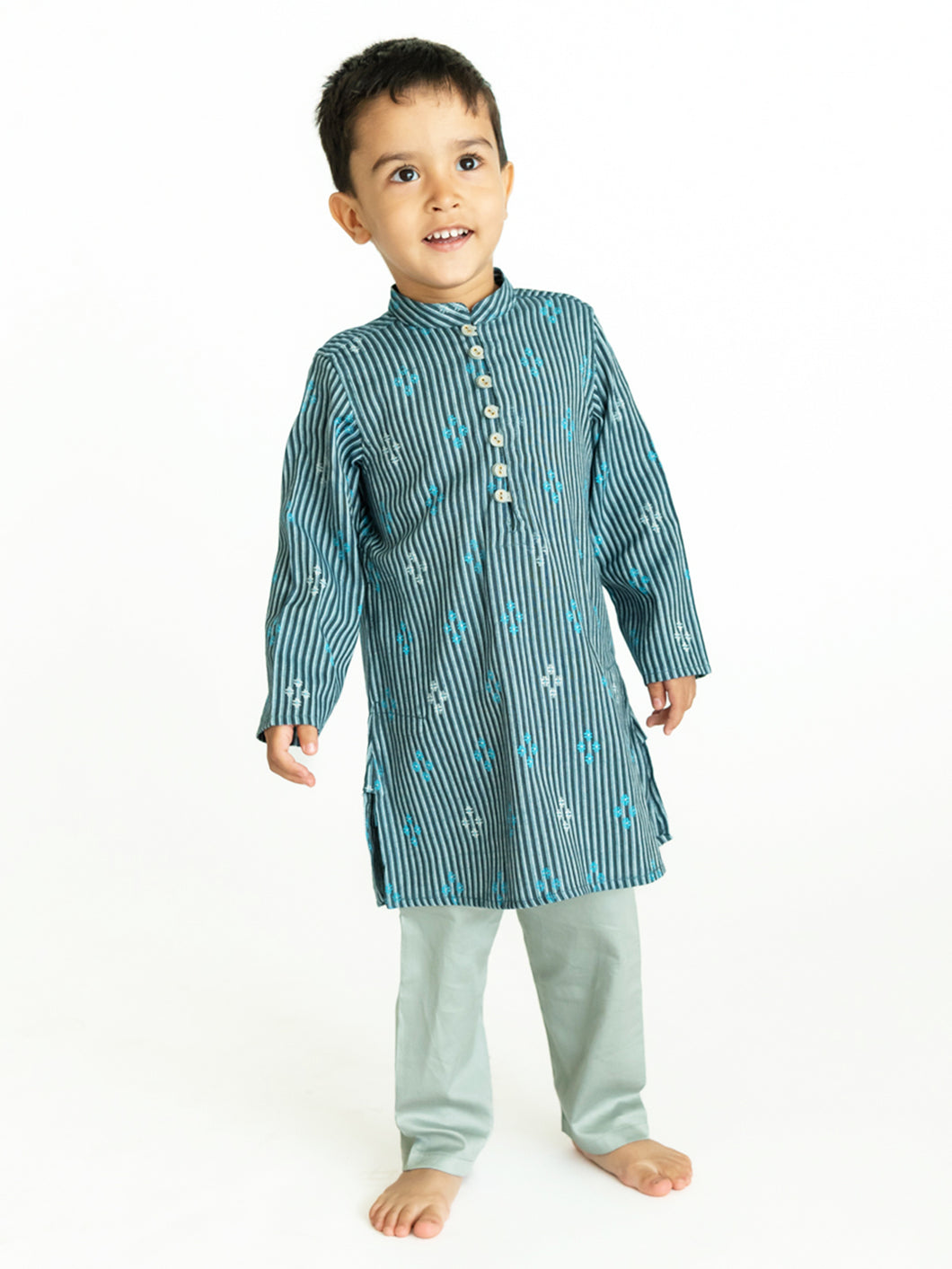 Campana Boys Mehul Kurta Set - Dobby Striped - Blue & Silver