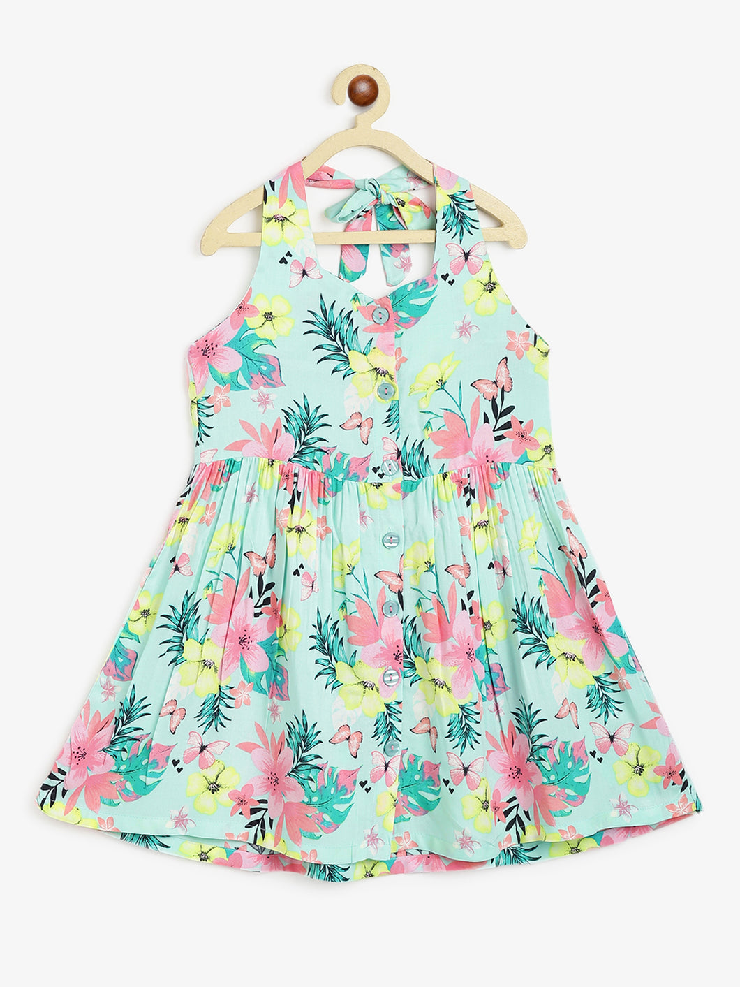 Campana Girls Cheryl Halter Neck Dress - Happy Hibiscus Print - Sea Green & Pink