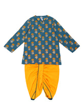 Load image into Gallery viewer, Campana Boys Bansi Dhoti Kurta Set - Genda Phool Print - Blue &amp; Mustard
