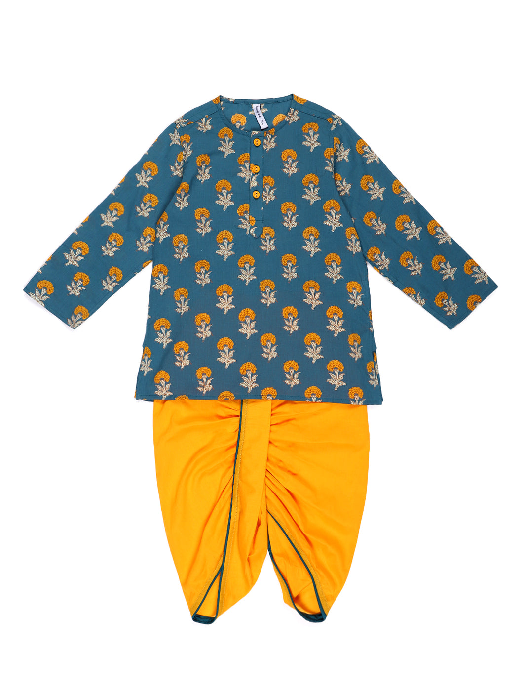 Campana Boys Bansi Dhoti Kurta Set - Genda Phool Print - Blue & Mustard