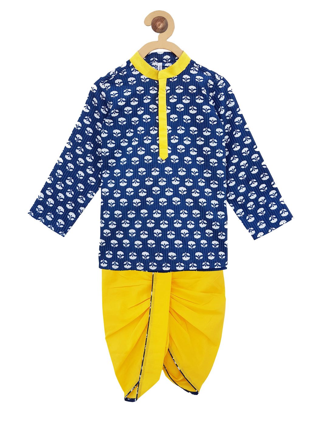 Campana Boys Block Print Dhoti Kurta Set - Yellow & Indigo