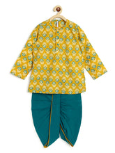 Load image into Gallery viewer, Campana Boys Bansi Dhoti Kurta Set - Round Flower Print - Mustard and Teal
